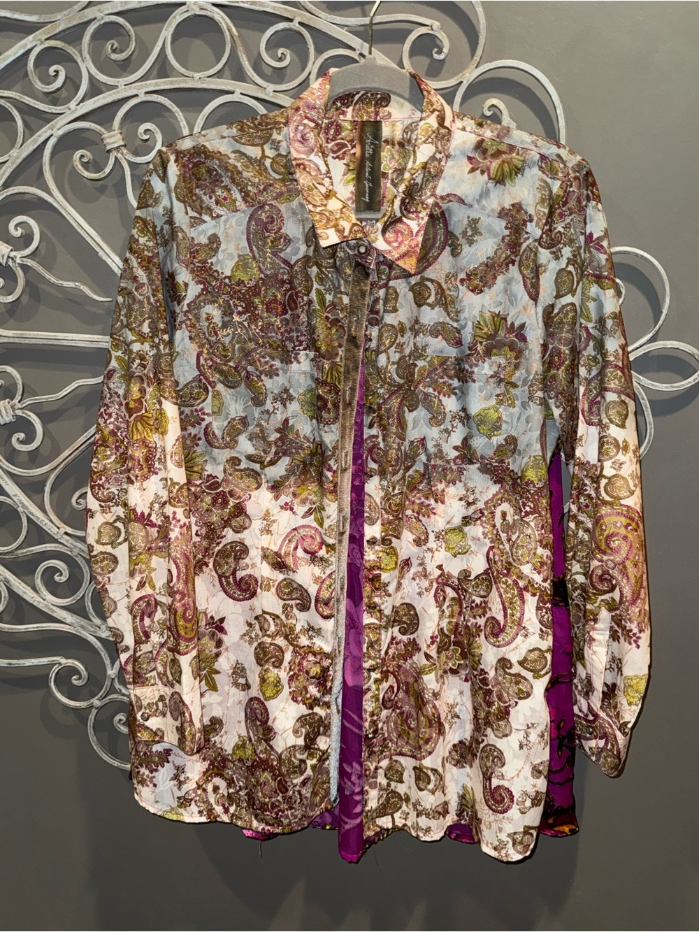 Women’s Arratta Paisley Print velvet Blouse purple gray sz XL